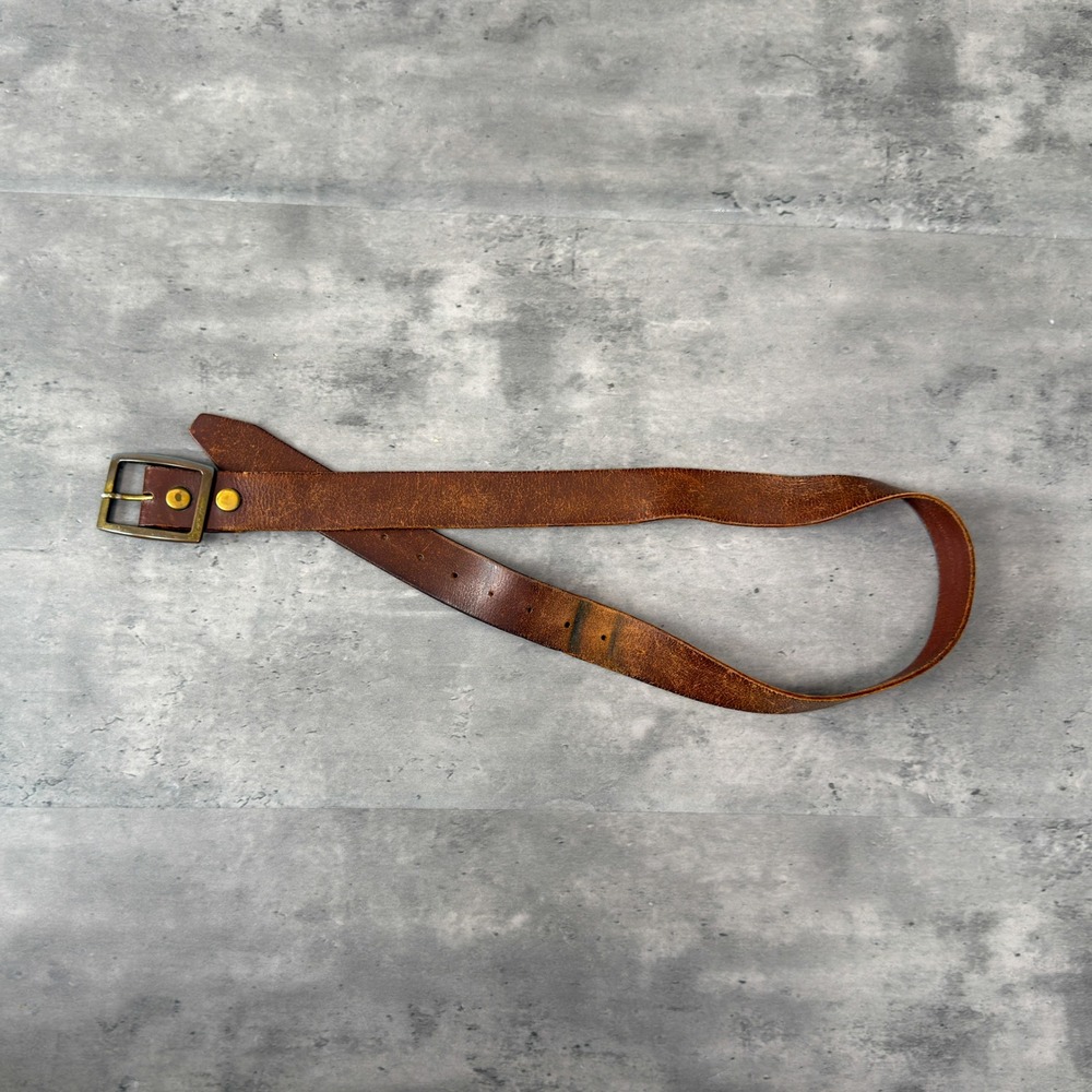 Y2K 2000s 00s Brown Distressed Leather Belt Brass Buckle Western